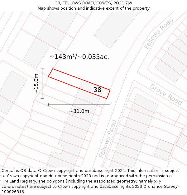 38, FELLOWS ROAD, COWES, PO31 7JW: Plot and title map