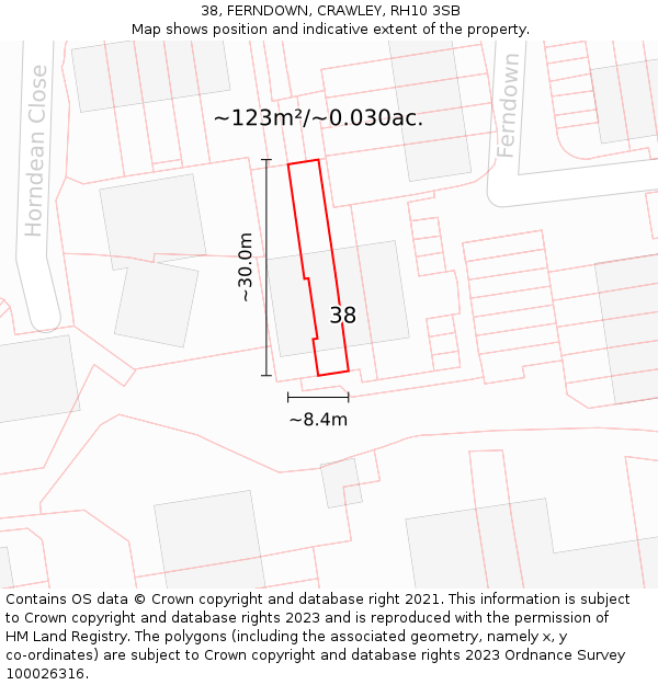38, FERNDOWN, CRAWLEY, RH10 3SB: Plot and title map