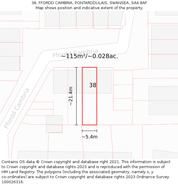 38, FFORDD CAMBRIA, PONTARDDULAIS, SWANSEA, SA4 8AF: Plot and title map