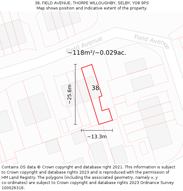 38, FIELD AVENUE, THORPE WILLOUGHBY, SELBY, YO8 9PS: Plot and title map