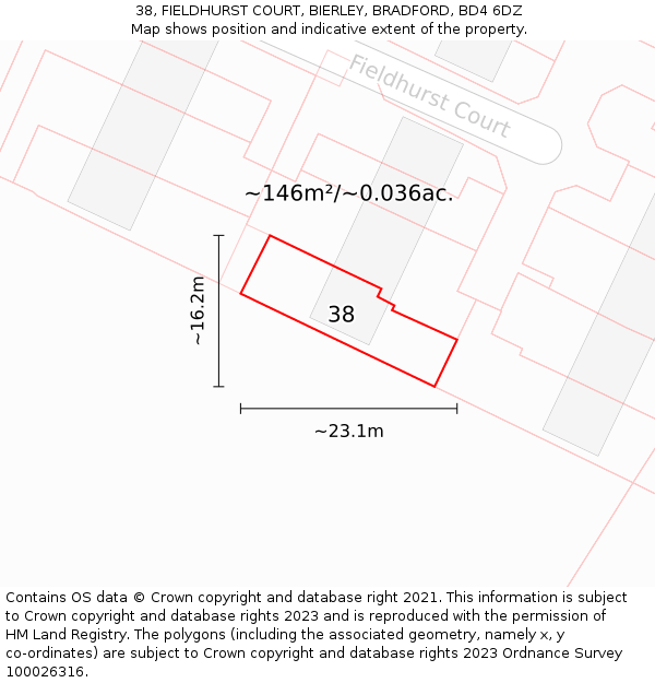 38, FIELDHURST COURT, BIERLEY, BRADFORD, BD4 6DZ: Plot and title map