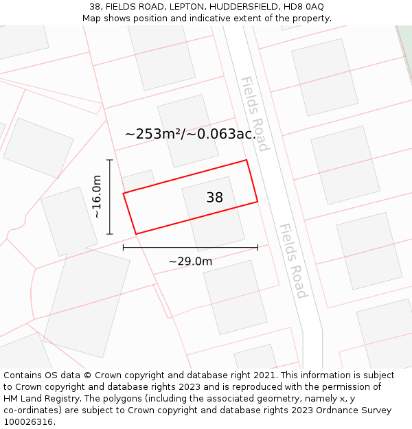38, FIELDS ROAD, LEPTON, HUDDERSFIELD, HD8 0AQ: Plot and title map