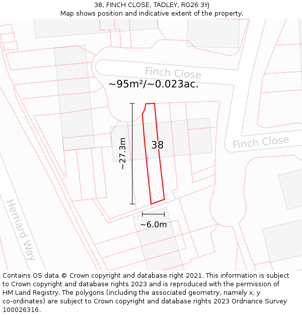 38, FINCH CLOSE, TADLEY, RG26 3YJ: Plot and title map