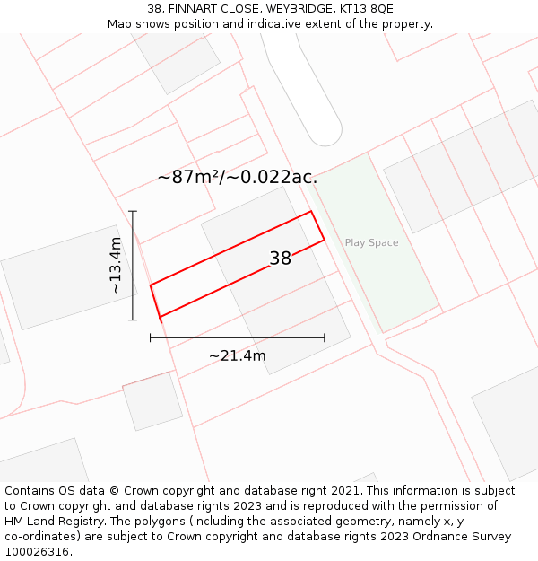 38, FINNART CLOSE, WEYBRIDGE, KT13 8QE: Plot and title map