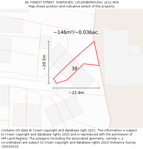 38, FOREST STREET, SHEPSHED, LOUGHBOROUGH, LE12 9DA: Plot and title map