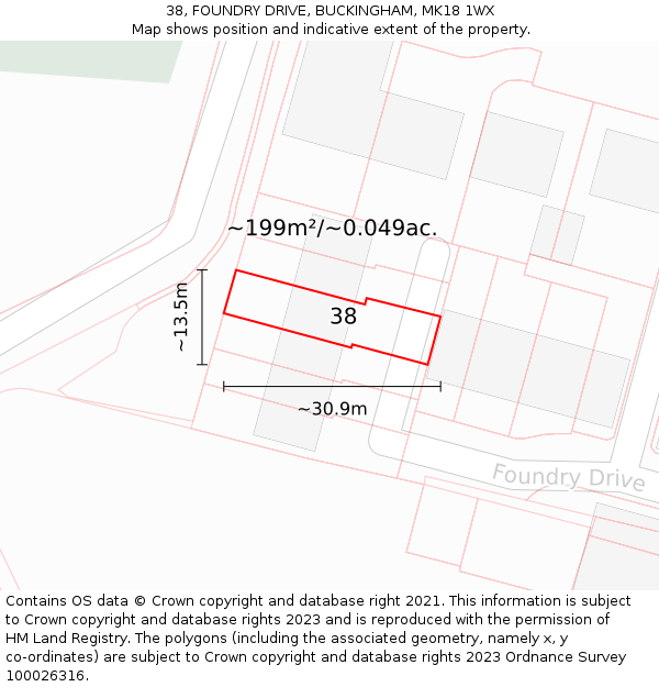 38, FOUNDRY DRIVE, BUCKINGHAM, MK18 1WX: Plot and title map