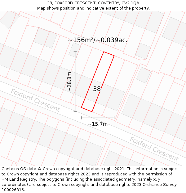 38, FOXFORD CRESCENT, COVENTRY, CV2 1QA: Plot and title map