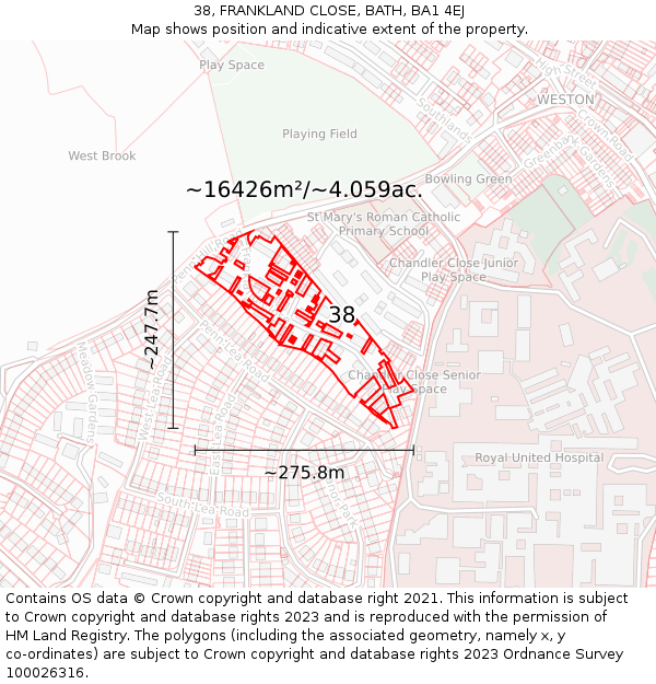 38, FRANKLAND CLOSE, BATH, BA1 4EJ: Plot and title map