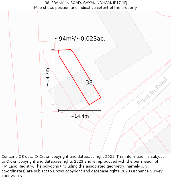 38, FRANKLIN ROAD, SAXMUNDHAM, IP17 1FJ: Plot and title map
