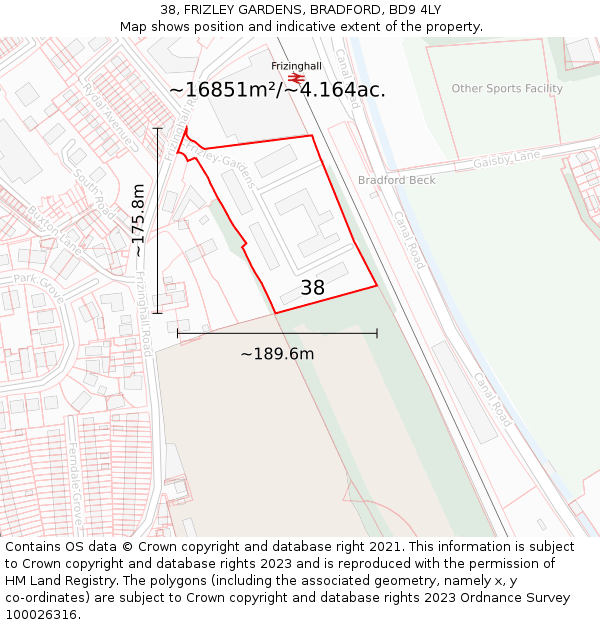 38, FRIZLEY GARDENS, BRADFORD, BD9 4LY: Plot and title map