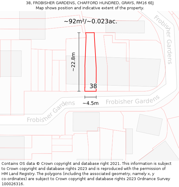 38, FROBISHER GARDENS, CHAFFORD HUNDRED, GRAYS, RM16 6EJ: Plot and title map