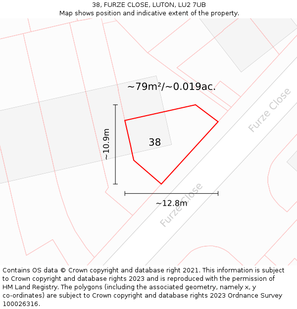 38, FURZE CLOSE, LUTON, LU2 7UB: Plot and title map