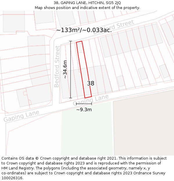 38, GAPING LANE, HITCHIN, SG5 2JQ: Plot and title map