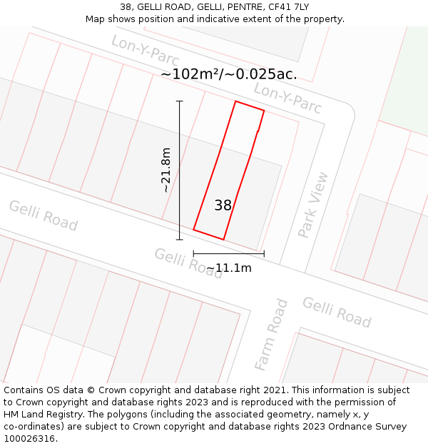 38, GELLI ROAD, GELLI, PENTRE, CF41 7LY: Plot and title map