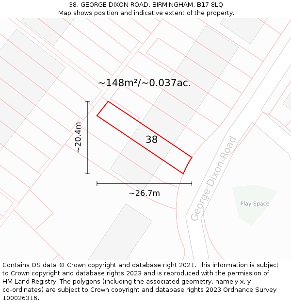 38, GEORGE DIXON ROAD, BIRMINGHAM, B17 8LQ: Plot and title map