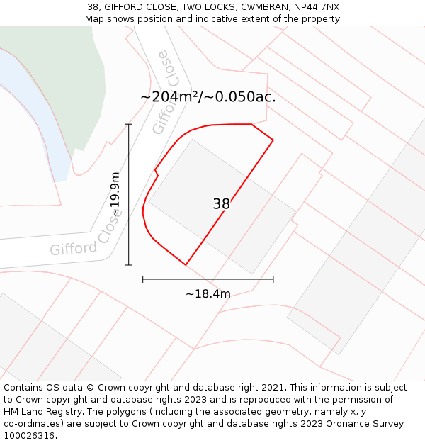38, GIFFORD CLOSE, TWO LOCKS, CWMBRAN, NP44 7NX: Plot and title map