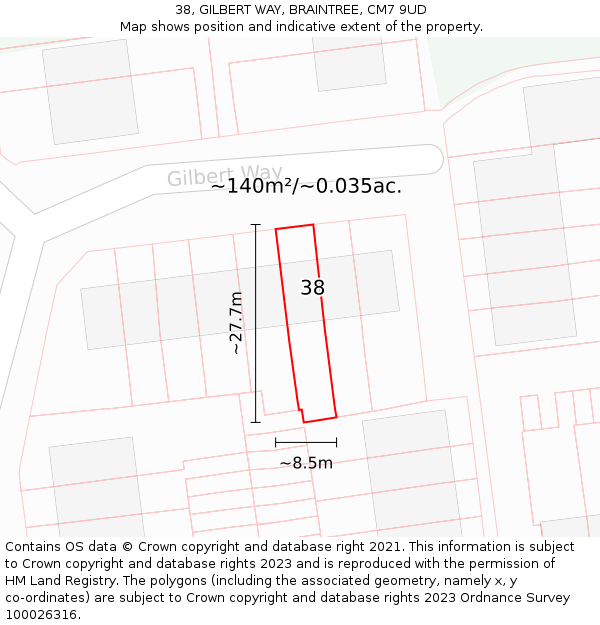 38, GILBERT WAY, BRAINTREE, CM7 9UD: Plot and title map