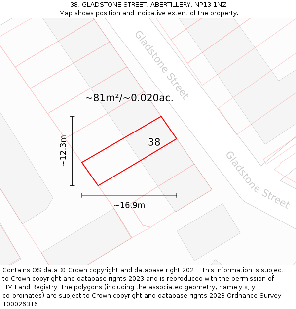 38, GLADSTONE STREET, ABERTILLERY, NP13 1NZ: Plot and title map