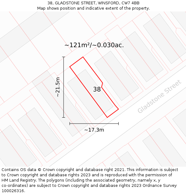 38, GLADSTONE STREET, WINSFORD, CW7 4BB: Plot and title map