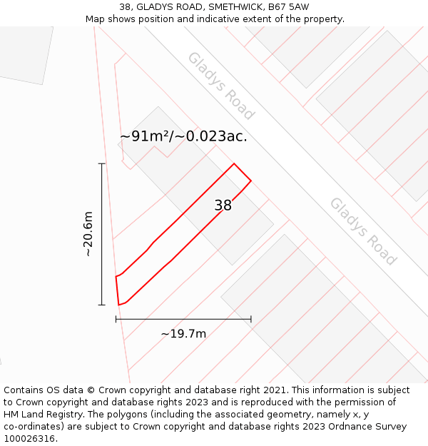 38, GLADYS ROAD, SMETHWICK, B67 5AW: Plot and title map