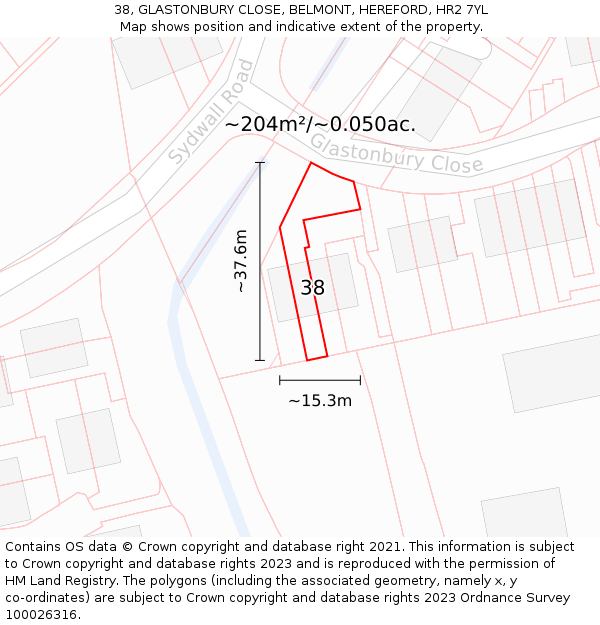 38, GLASTONBURY CLOSE, BELMONT, HEREFORD, HR2 7YL: Plot and title map