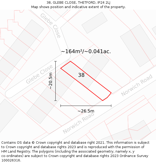 38, GLEBE CLOSE, THETFORD, IP24 2LJ: Plot and title map