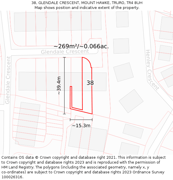 38, GLENDALE CRESCENT, MOUNT HAWKE, TRURO, TR4 8UH: Plot and title map