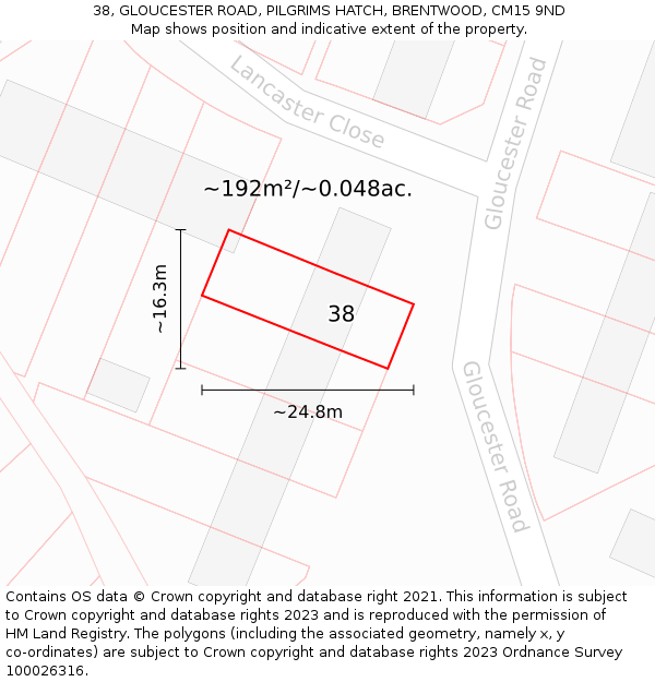 38, GLOUCESTER ROAD, PILGRIMS HATCH, BRENTWOOD, CM15 9ND: Plot and title map