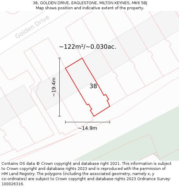 38, GOLDEN DRIVE, EAGLESTONE, MILTON KEYNES, MK6 5BJ: Plot and title map