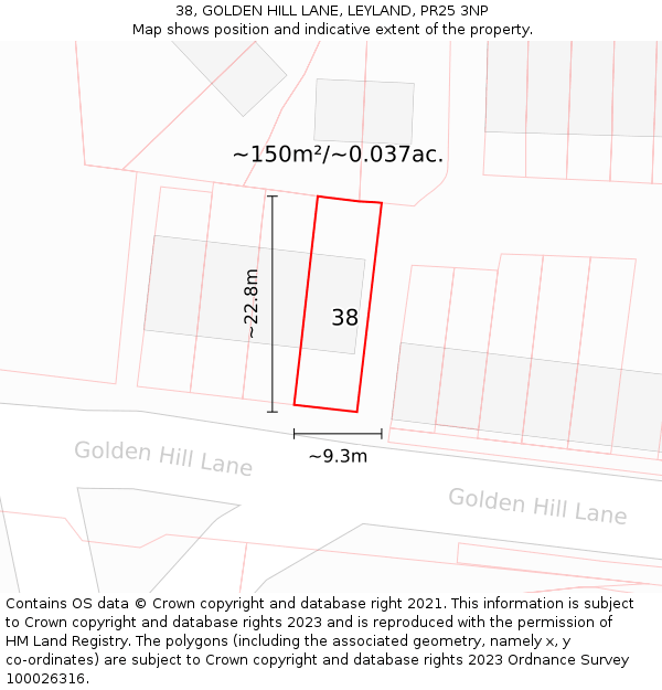 38, GOLDEN HILL LANE, LEYLAND, PR25 3NP: Plot and title map