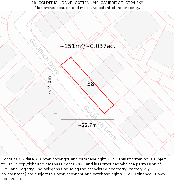 38, GOLDFINCH DRIVE, COTTENHAM, CAMBRIDGE, CB24 8XY: Plot and title map