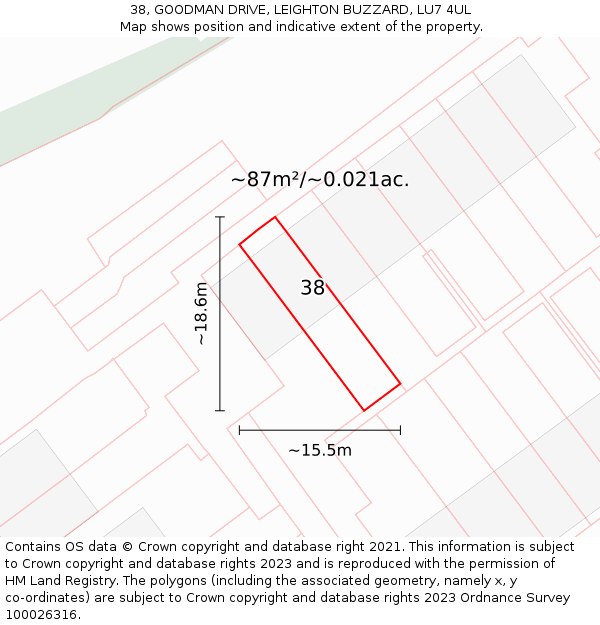 38, GOODMAN DRIVE, LEIGHTON BUZZARD, LU7 4UL: Plot and title map