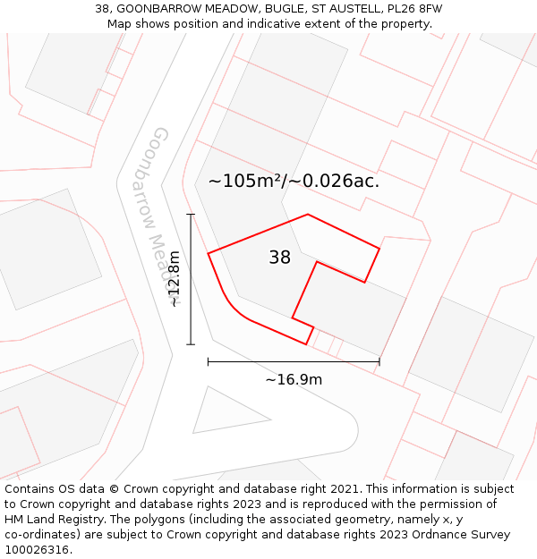 38, GOONBARROW MEADOW, BUGLE, ST AUSTELL, PL26 8FW: Plot and title map