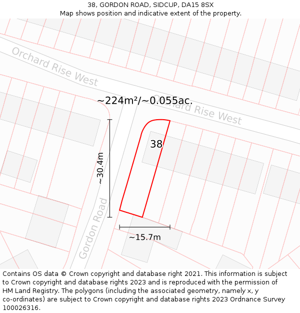 38, GORDON ROAD, SIDCUP, DA15 8SX: Plot and title map