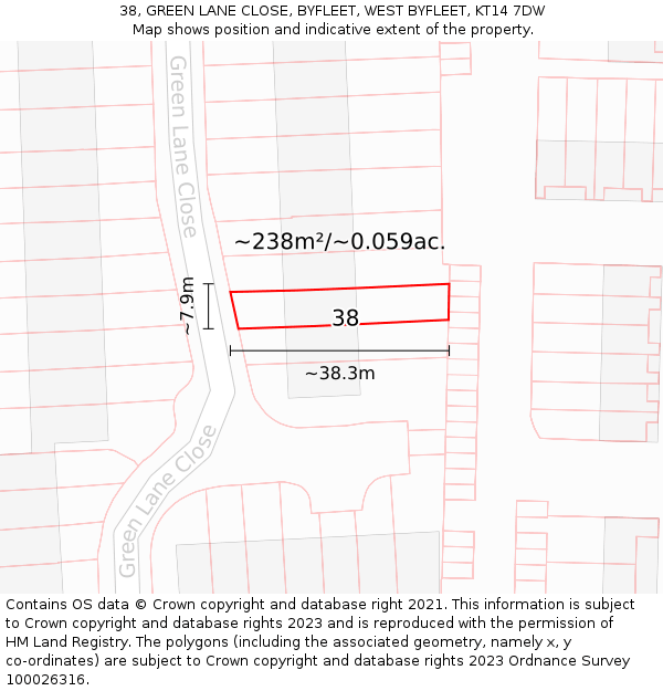38, GREEN LANE CLOSE, BYFLEET, WEST BYFLEET, KT14 7DW: Plot and title map