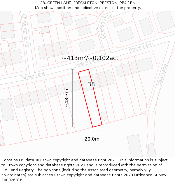 38, GREEN LANE, FRECKLETON, PRESTON, PR4 1RN: Plot and title map
