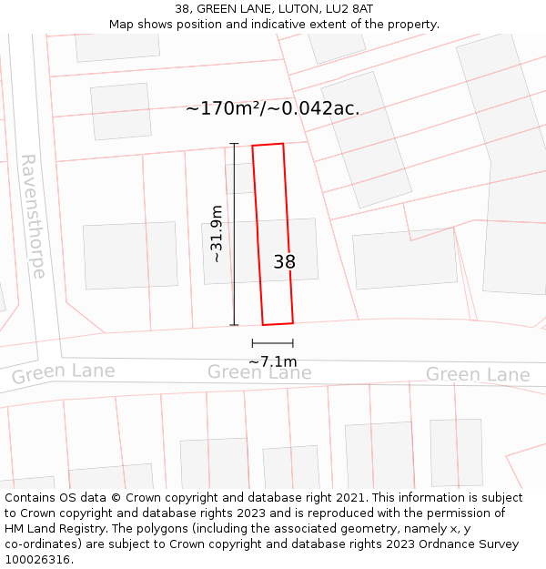 38, GREEN LANE, LUTON, LU2 8AT: Plot and title map