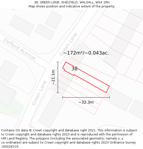 38, GREEN LANE, SHELFIELD, WALSALL, WS4 1RN: Plot and title map