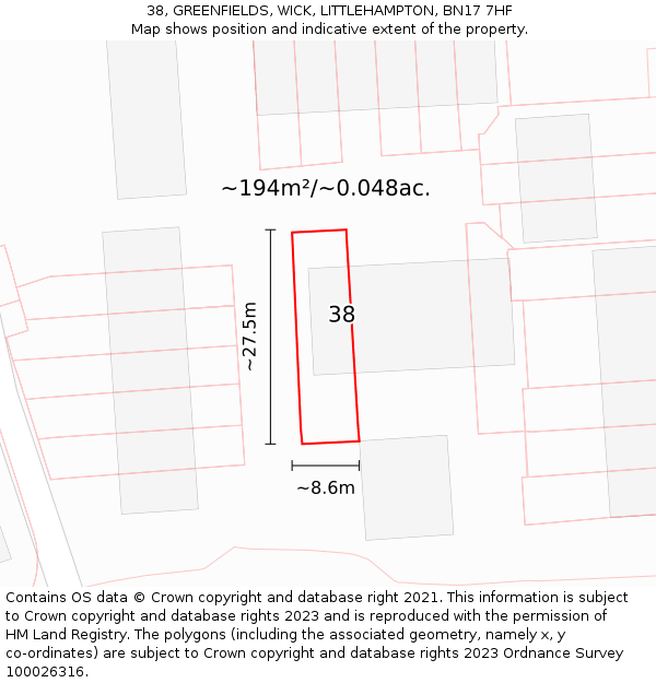 38, GREENFIELDS, WICK, LITTLEHAMPTON, BN17 7HF: Plot and title map