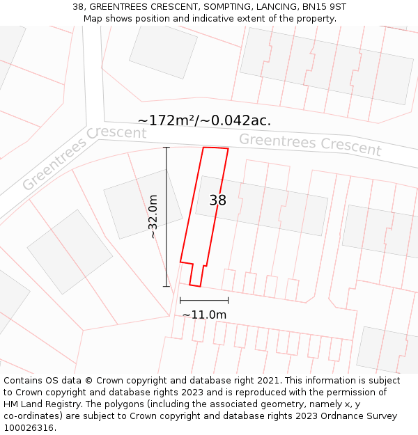 38, GREENTREES CRESCENT, SOMPTING, LANCING, BN15 9ST: Plot and title map