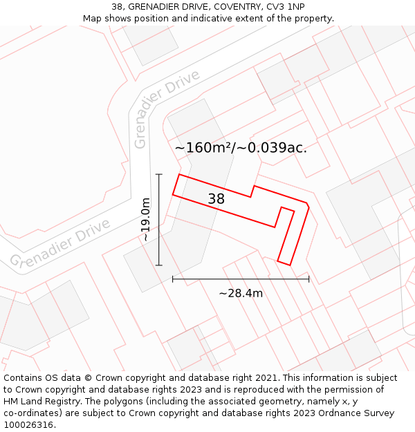 38, GRENADIER DRIVE, COVENTRY, CV3 1NP: Plot and title map