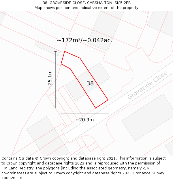 38, GROVESIDE CLOSE, CARSHALTON, SM5 2ER: Plot and title map