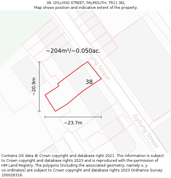 38, GYLLYNG STREET, FALMOUTH, TR11 3EL: Plot and title map