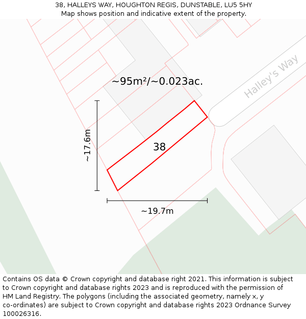 38, HALLEYS WAY, HOUGHTON REGIS, DUNSTABLE, LU5 5HY: Plot and title map