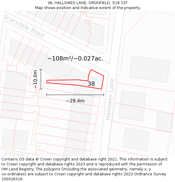 38, HALLOWES LANE, DRONFIELD, S18 1ST: Plot and title map