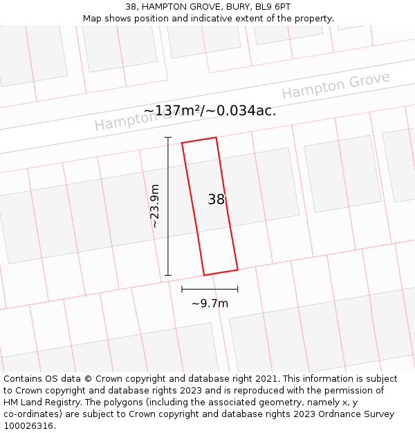 38, HAMPTON GROVE, BURY, BL9 6PT: Plot and title map