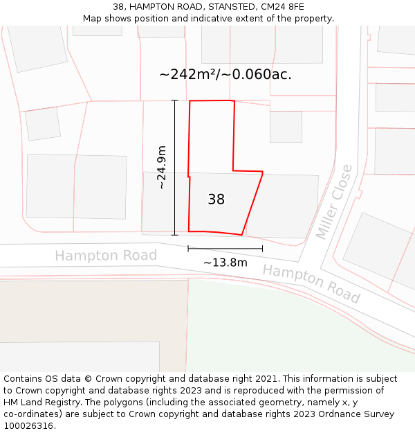 38, HAMPTON ROAD, STANSTED, CM24 8FE: Plot and title map
