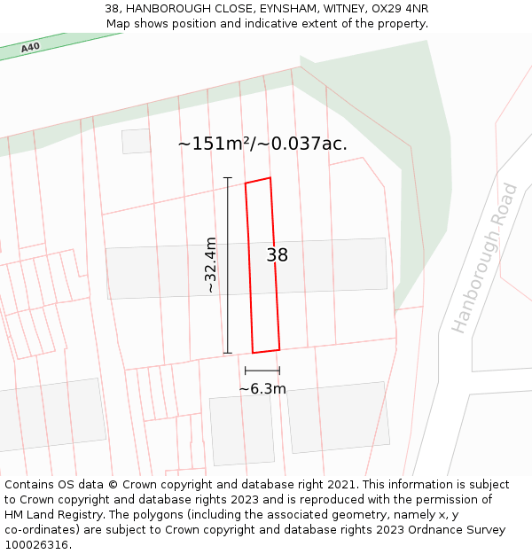 38, HANBOROUGH CLOSE, EYNSHAM, WITNEY, OX29 4NR: Plot and title map