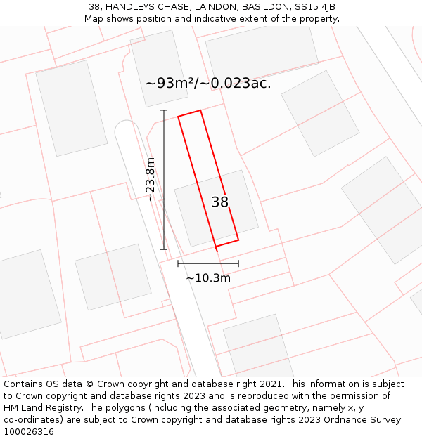 38, HANDLEYS CHASE, LAINDON, BASILDON, SS15 4JB: Plot and title map