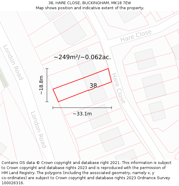 38, HARE CLOSE, BUCKINGHAM, MK18 7EW: Plot and title map